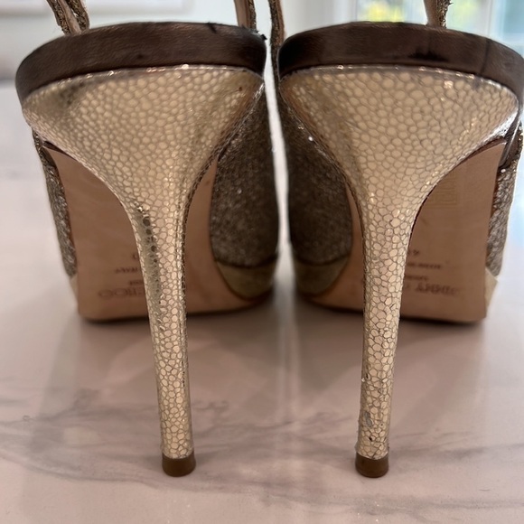 JIMMY CHOO SILVER SEQUIN EVENING PLATFORM SLINGBACK OPEN TOE HEELS SIZE 40 (9) - Picture 10 of 12